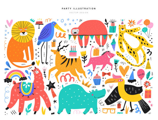 Animals and party symbols vector illustrations set Animals and party symbols vector illustrations set. Cute wild cats, llama, hippo and exotic birds isolated on white background. Cake, icecream, balloons doodles for children holiday celebration animal wildlife illustrations stock illustrations