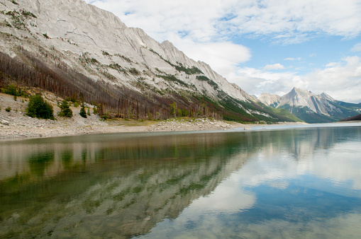 Rocky Mountains  reflecting on Medicine Lake, Jasper Alberta
