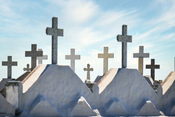 White crosses marking graves in a military cemetery, symbolizing remembrance, sacrifice, and honoring fallen soldiers under a blue sky.
