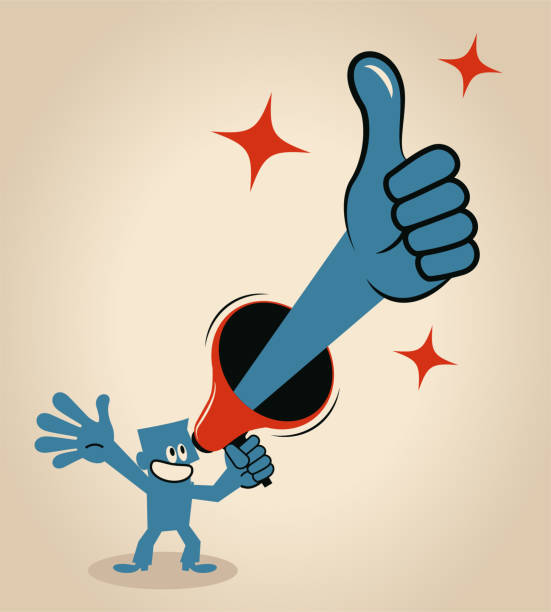 Smiling businessman holding a megaphone with a thumbs up gesture Blue Little Guy Characters Vector Art Illustration.
Smiling businessman holding a megaphone with a thumbs up gesture. giant fictional character stock illustrations