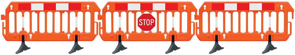 Obstacle detour barrier fence roadworks barricade, orange red and white luminescent signal, stop road sign, seamless isolated panoramic closeup, horizontal traffic safety railing, works warning signage, large detailed temporary access reroute, multiple brand new PVC blocks panorama