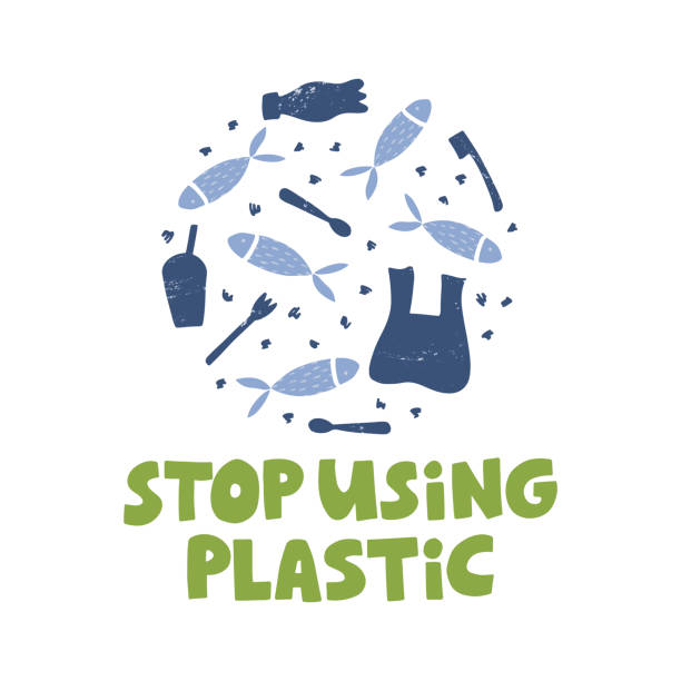 illustrations, cliparts, dessins animés et icônes de arrêtez la campagne de pollution plastique. contamination des déchets et pollution de l'eau poste - plate plastic disposable blue