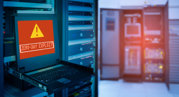 "Zero day exploit"and Alert icon on display of computer for management server in data server room with copy space stock photo
