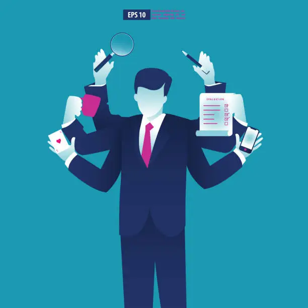 Vector illustration of Businessman with multitasking and multi-skill. Businessman with six hands holding objects. Business Vector Illustration