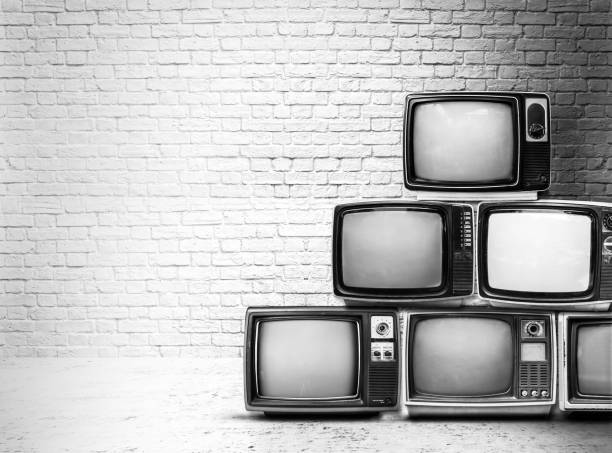 istock Retro televisions black and white photo. 1203668485