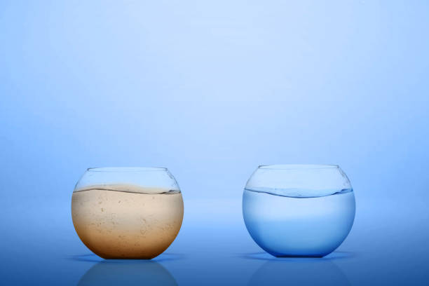 The empty fishbowl with freshwater and dirty water on blue background