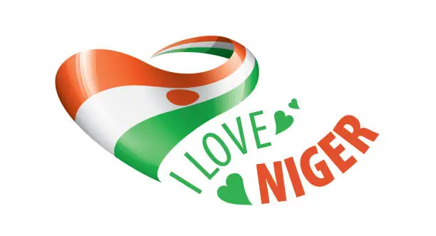 Vector illustration of National flag of the Niger in the shape of a heart and the inscription I love Niger. Vector illustration