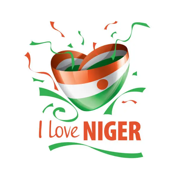 Vector illustration of National flag of the Niger in the shape of a heart and the inscription I love Niger. Vector illustration