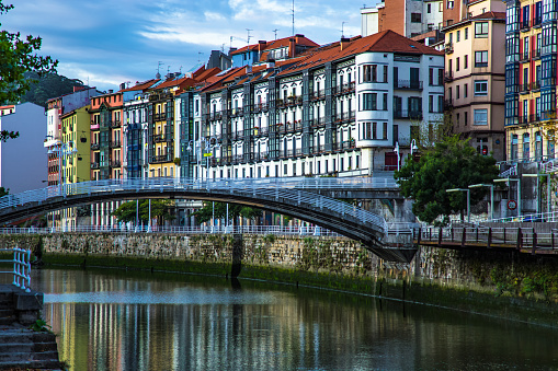Lovely summer day in Bilbao Old town footbridge Bilbao River crossing Basque country Bizkaia Euskadi Euskal Herria Spain Europe