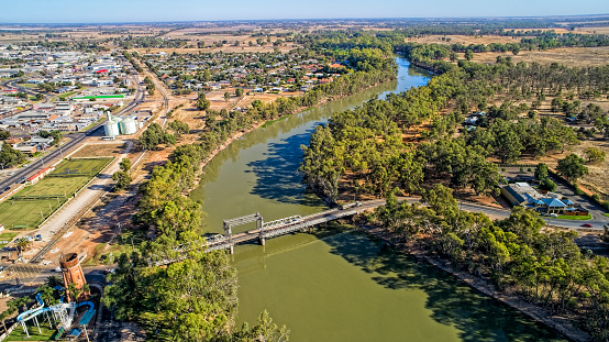 The border between NSW and Victoria, the Murray River at the township of Swan Hill