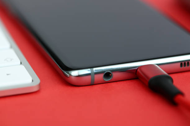 istock Modern smartphone connected to usb data cable toned in coral colour 1203683159