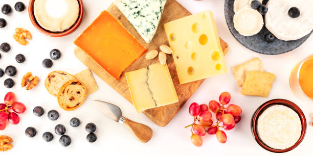 istock Cheese platter, a flatlay panoramic banner on a white background. Blue cheese, red Leicester, Emmental, goat cheese, Brie and others, shot from above 1203686578