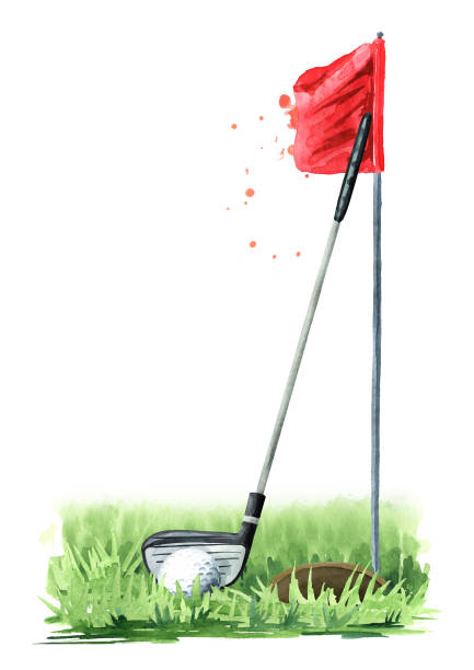 ilustrações, clipart, desenhos animados e ícones de pôster do torneio de golfe. taco de golfe, bandeira e bola na grama. ilustração de aquarela desenhada à mão, isolada em fundo branco - golf swing golf golf club golf ball