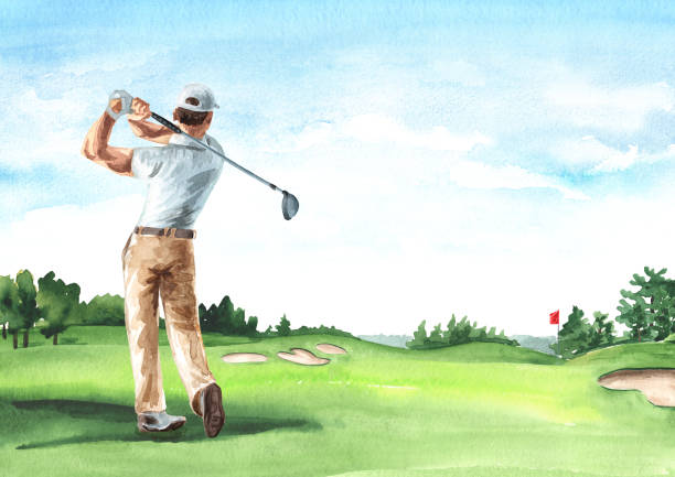 ilustrações, clipart, desenhos animados e ícones de homem jogando golfe em campo de golfe bonito com campo verde com um rico gramado, ilustração de aquarela desenhada à mão e fundo - golf course golf sand trap beautiful