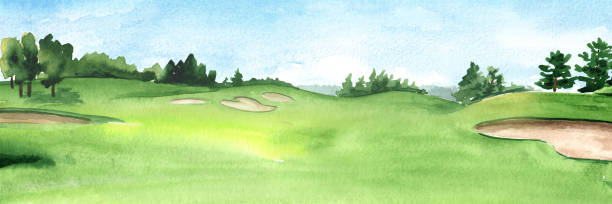 ilustrações, clipart, desenhos animados e ícones de vista do campo de golfe com belo campo verde com um território rico. ilustração e fundo de aquarela desenhadoà mão - golf course golf sand trap beautiful
