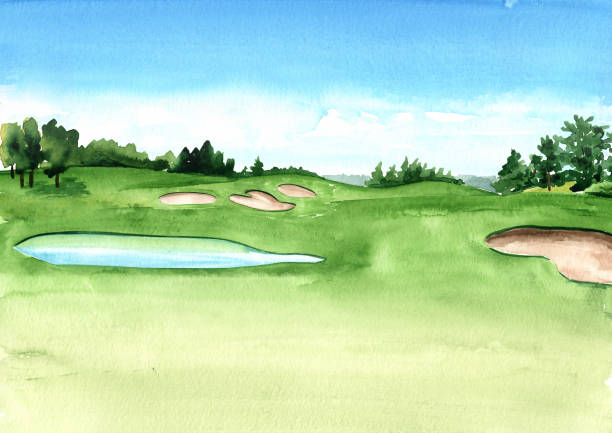 풍부한 잔디와 작은 호수와 아름다운 녹색 필드와 골프 코스의 전망. 손으로 그린 수채화 일러스트와 배경 - golf course stock illustrations