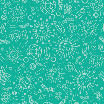 Seamless background of viruses and bacteria on a light emerald background. Background for medical and scientific design illustrations. Vector illustration in flat style, isolated, for design and web.