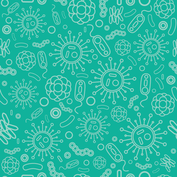 Seamless background of viruses and bacteria on a light emerald background. Background for medical and scientific design illustrations. Vector illustration in flat style, isolated, for design and web. Seamless background of viruses and bacteria on a light emerald background. Background for medical and scientific design illustrations. Vector illustration in flat style, isolated, for design and web. biology stock illustrations