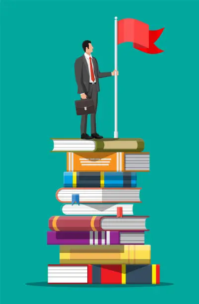 Vector illustration of Businessman with flag on stack of books.