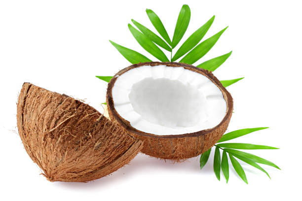 istock Coconut with green leaves isolated on white background 1203693993