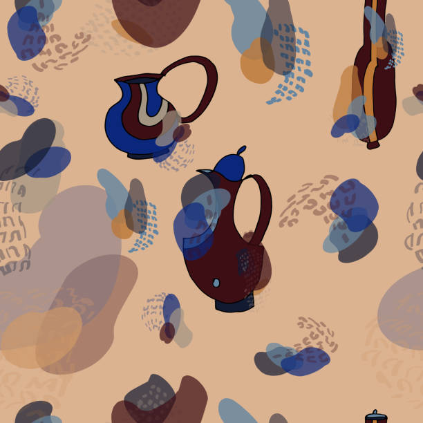 Seamless pattern with jugs in brown and blue colors on a light sand background. Freehand drawing, sketch Seamless pattern with jugs in brown and blue colors on a light sand background. Freehand drawing, sketch. Print on fabric, scrapbooking. cartoon of hand pouring water pitcher stock illustrations