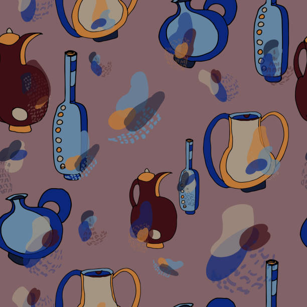 Seamless pattern with jugs in brown and blue colors. Freehand drawing, sketch Seamless pattern with jugs in brown and blue colors. Freehand drawing, sketch. Print on fabric, scrapbooking. cartoon of hand pouring water pitcher stock illustrations