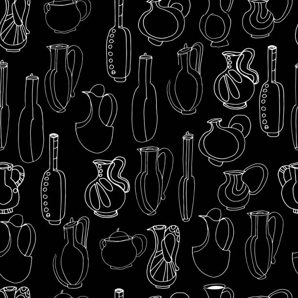 Seamless pattern with different jugs. Freehand drawing, sketch. Seamless pattern with different jugs. Freehand drawing, sketch. Black and white illustration. Print on fabric, scrapbooking. cartoon of hand pouring water pitcher stock illustrations