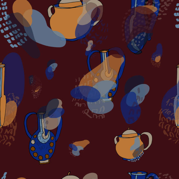 Seamless pattern with jugs in brown, yellow and blue colors. Freehand drawing, sketch Seamless pattern with jugs in brown, yellow and blue colors. Freehand drawing, sketch. Print on fabric, scrapbooking. cartoon of hand pouring water pitcher stock illustrations