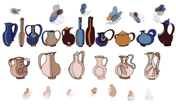 Set of different jugs and decorative elements. Freehand drawing, sketch Set of different jugs and decorative elements. Freehand drawing, sketch. Color illustration cartoon of hand pouring water pitcher stock illustrations