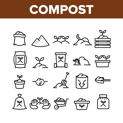 Compost Ground Soil Collection Icons Set Vector. Agricultural Organic Compost In Bag And Cart, Growing Plant In Pot And Worm Concept Linear Pictograms. Monochrome Contour Illustrations