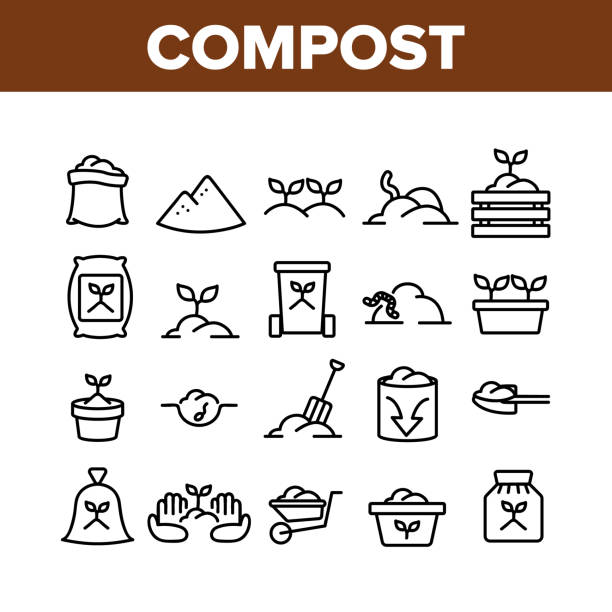 Compost Ground Soil Collection Icons Set Vector Compost Ground Soil Collection Icons Set Vector. Agricultural Organic Compost In Bag And Cart, Growing Plant In Pot And Worm Concept Linear Pictograms. Monochrome Contour Illustrations agro stock illustrations