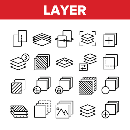 Layer Protect Material Collection Icons Set Vector Thin Line. Coating And Cover, Thickness And Stratum Layer, Picture And Padlock Concept Linear Pictograms. Monochrome Contour Illustrations