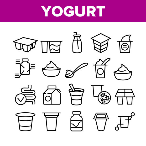 Yogurt Dairy Nutrition Collection Icons Set Vector Yogurt Dairy Nutrition Collection Icons Set Vector Thin Line. Yogurt On Spoon And In Bottle With Tube, Human Organ Intestines Concept Linear Pictograms. Monochrome Contour Illustrations yoghurt stock illustrations