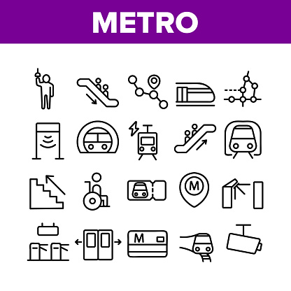 Metro Underground Collection Icons Set Vector Thin Line. Metro Train And Equipment, Ticket And Card, Door And Video Camera, Escalator And Turnstile Pictograms. Monochrome Contour Illustrations