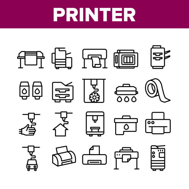 Printer Equipment Collection Icons Set Vector Printer Equipment Collection Icons Set Vector. Electronic 3d Printer And Device For Printing Build House, Ink Drop And Cartridge Concept Linear Pictograms. Monochrome Contour Illustrations cartridge stock illustrations