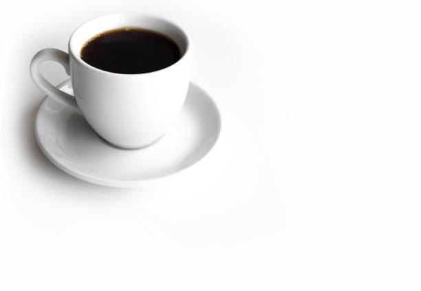 xícara branca de café em um pires branco com lugar para texto em uma vista superior branca - peppy - fotografias e filmes do acervo