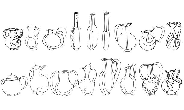 Set of different jugs. Freehand drawing, sketch Set of different jugs. Freehand drawing, sketch. Black and white illustration cartoon of hand pouring water pitcher stock illustrations