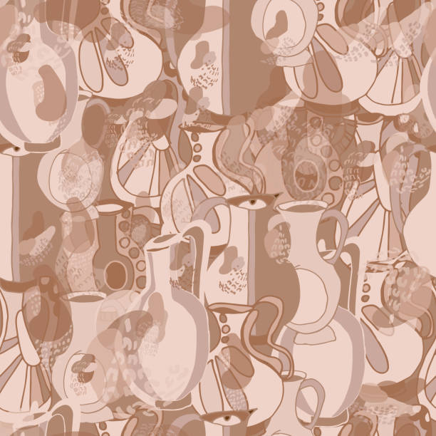 Seamless pattern with jugs in brown and beige colors. Freehand drawing, sketch Seamless pattern with jugs in brown and beige colors. Freehand drawing, sketch. Print on fabric, scrapbooking. cartoon of hand pouring water pitcher stock illustrations