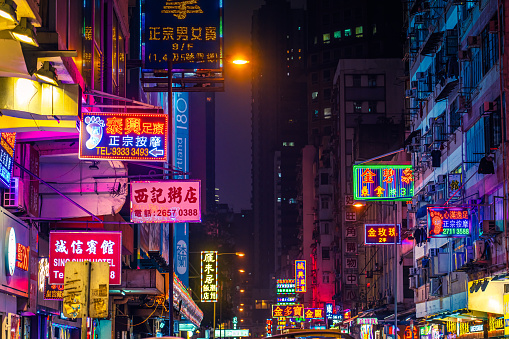 Colorful neon night street road in Hong kong