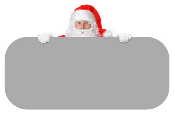 Surprised Santa holding a gray blank sign, isolated on white. You can add your Christmas message to the center.