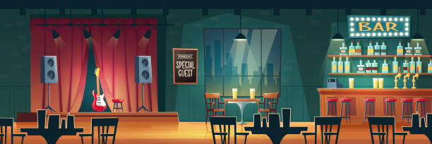Bar with live music cartoon vector interior Music bar, beer pub with live performances cartoon vector interior. Bar counter desk, tables and chairs, guitar on stage illustration. Famous musician, special guest star evening concert in nightclub pub illustrations stock illustrations