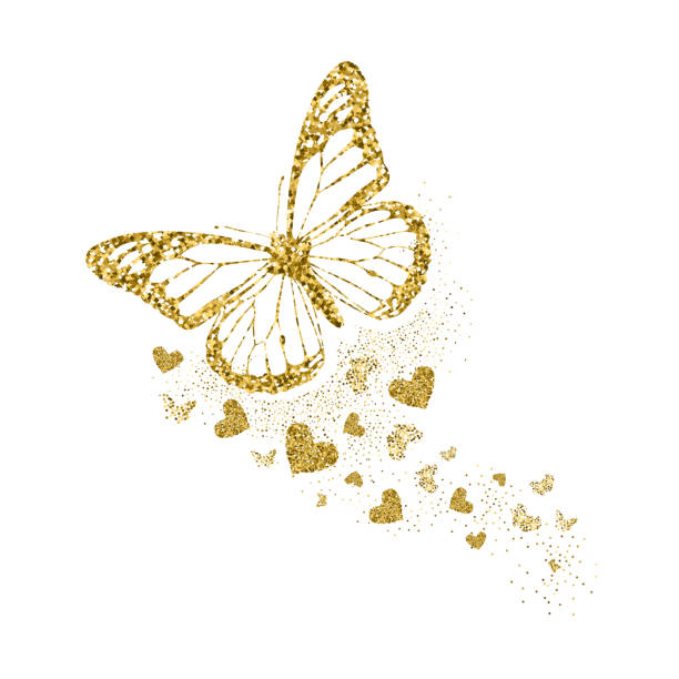 Gold glittering butterfly with hearts. Beautiful golden silhouettes on white background. For Valentines day, wedding invitations, cards, branding, label, banner, concept design. Vector illustration. vector art illustration