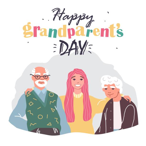 illustrations, cliparts, dessins animés et icônes de journée heureuse de grands-parents de carte de voeux avec la famille - granddoughter