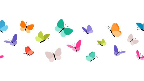bildbanksillustrationer, clip art samt tecknat material och ikoner med färg flygande fjärilar sömlöst mönster - spring