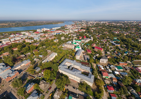 Tomsk city and Tom river. Aerial, summer, sunny