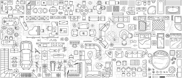 設計内部および建築プロジェクト用に設定されたフロア プラン アイコン(上からの眺め)。レイアウトの上部ビューに家具の細い線のアイコン。ブループリントアパートメント。ベクトル - 家具点のイラスト素材／クリップアート素材／マンガ素材／アイコン素材