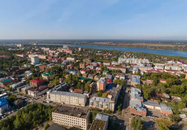 Tomsk city and Tom river. Aerial, summer, sunny