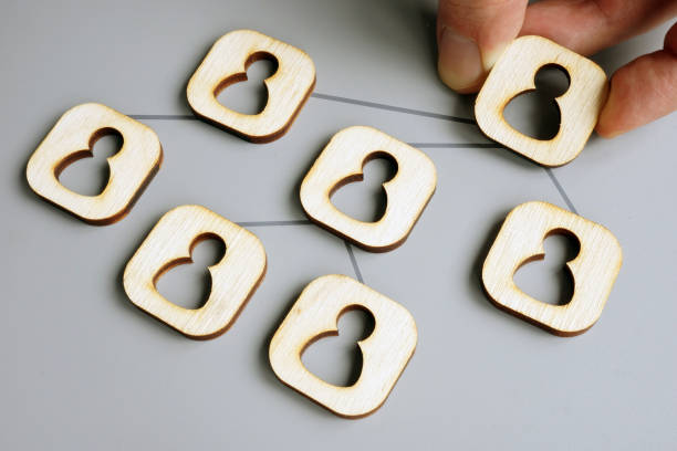 istock Delegate concept. Hand holds figure as symbol a team connected for delegating and outsourcing. 1203706332