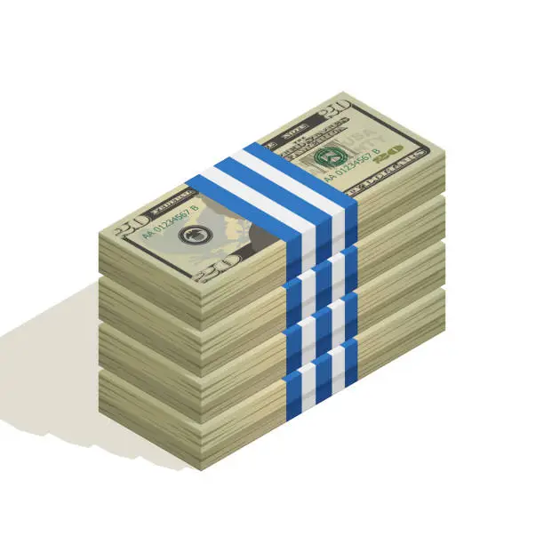 Vector illustration of Stack of bank packages of twenty-dollar bills, bundle of US banknotes, pile of cash, paper money. The concept of financial success and wealth. Isometric vector illustration on white background