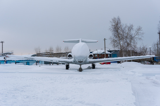 Yugorsk, Russia - February 19, 2019: Monument of aircraft Yak-40